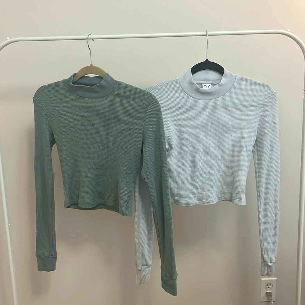 Aritzia TNA waffle long sleeve cropped mock neck tops (size M for both)